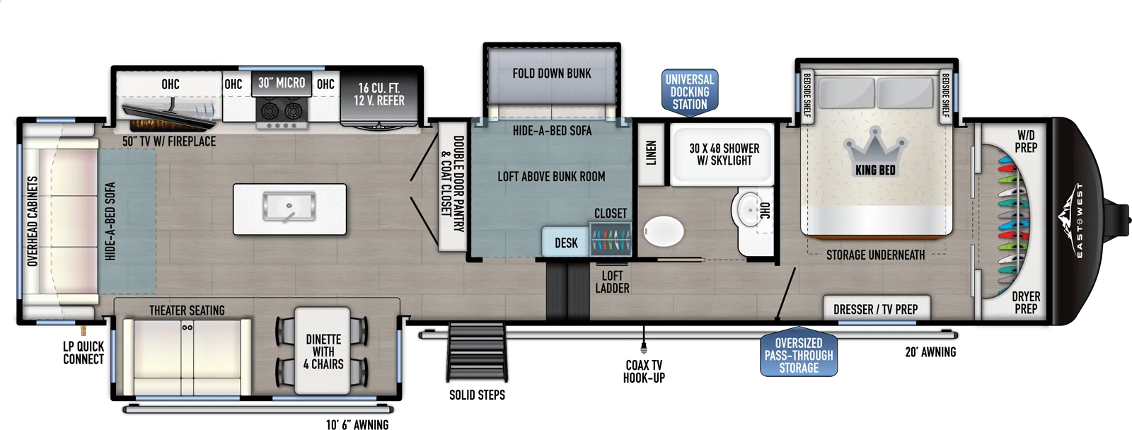 The 385MB has 4 slideouts and one entry. Exterior features an oversized pass through storage, universal docking station, MORryde steps, coax TV hookup, 10 foot 6 inch awning and 20 foot awning, LP quick connect, and 2 inch towing hitch. Interior layout front to back: front closet with washer/dryer prep, off-door side king bed slideout with storage underneath, and door side dresser with TV prep; off-door side full bathroom with overhead cabinet, linen closet, and shower with skylight; ladder to loft area over mid bunk room; steps down to main living area and entry; mid bunk room with off-door side slideout with fold-down bunk above hide-a-bed sofa, and desk and closet along inner wall; double door pantry and coat closet along inner wall; off-door side slideout with 12V refrigerator, overhead cabinet, microwave, cooktop, and TV with fireplace; kitchen island with sink and extensions; door side slideout with free-standing dinette with storage ottoman, and theater seating; rear hide-a-bed sofa and overhead cabinet.